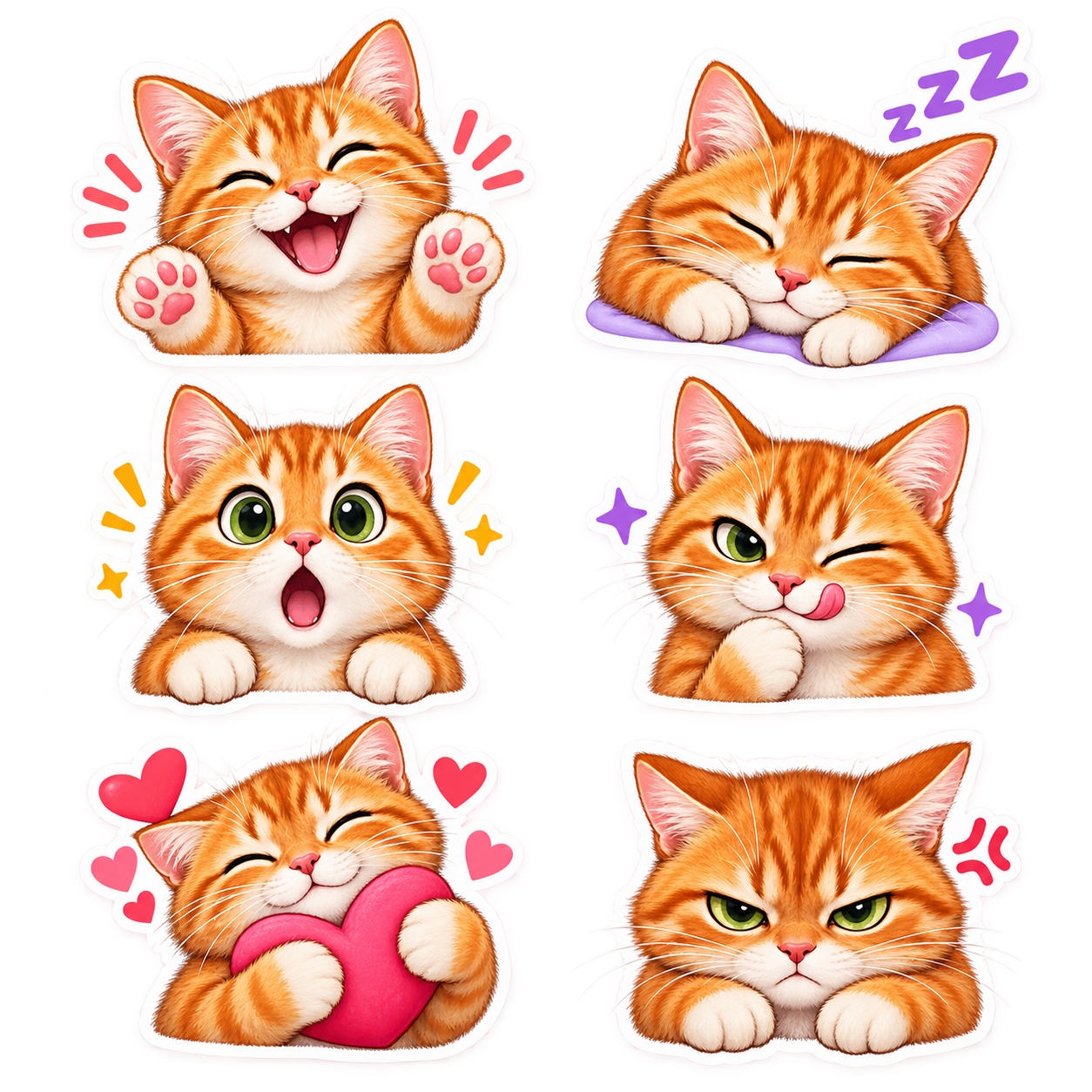Six expressive orange cat stickers